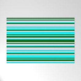 [ Thumbnail: Cyan, Dark Green & Lavender Colored Lined/Striped Pattern Welcome Mat ]