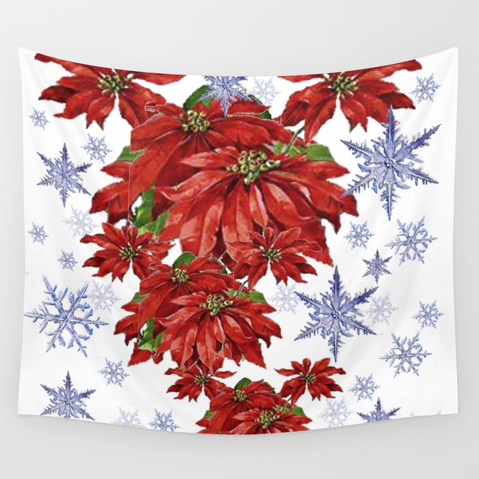 RED POINSETTIA FLOWERS & CRYSTAL SNOWFLAKES ART Wall Tapestry