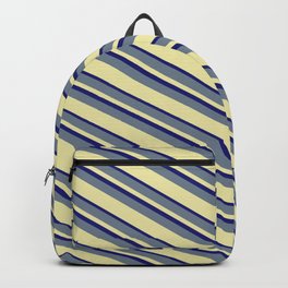 [ Thumbnail: Slate Gray, Pale Goldenrod & Midnight Blue Colored Striped/Lined Pattern Backpack ]