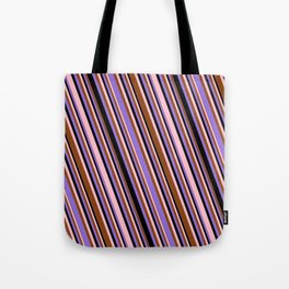[ Thumbnail: Pink, Brown, Purple & Black Colored Lined Pattern Tote Bag ]