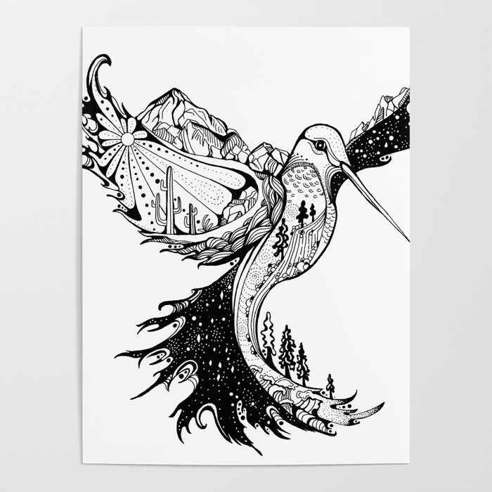 Hummingbird Phoenix Pen and ink Hand drawn design Poster