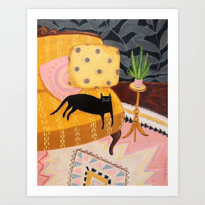 Black Cat On Mustard Yellow Sofa Painting By Tascha Art Print By Tascha Black Cat On Mustard Yellow Sofa Painting By Tascha Art Print By Tascha