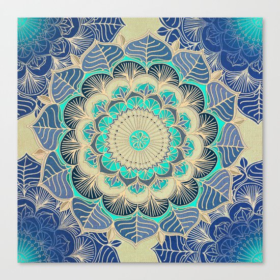 Midnight Bloom - detailed floral doodle in gold, navy blue & mint Canvas Print