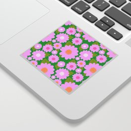 Bright Pretty Pink Summer Flowers On Kelly Green Sticker