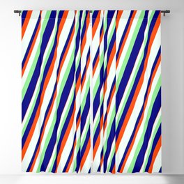 [ Thumbnail: Light Green, Blue, Red & Mint Cream Colored Stripes Pattern Blackout Curtain ]