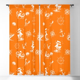 Orange And White Silhouettes Of Vintage Nautical Pattern Blackout Curtain