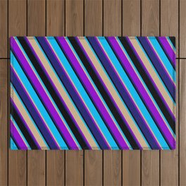 [ Thumbnail: Eyecatching Deep Sky Blue, Tan, Dark Violet, Midnight Blue, and Black Colored Lines Pattern Outdoor Rug ]