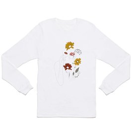 Colorful Thoughts Minimal Line Art Woman with Flowers III Long Sleeve T-shirt