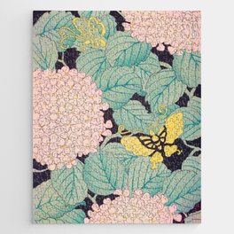 Butterflies on Pink Hydrangea Vintage Japanese Print Jigsaw Puzzle