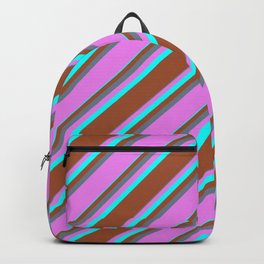 [ Thumbnail: Slate Gray, Violet, Aqua & Sienna Colored Striped/Lined Pattern Backpack ]