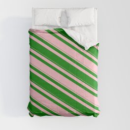 [ Thumbnail: Pink and Green Colored Striped/Lined Pattern Comforter ]