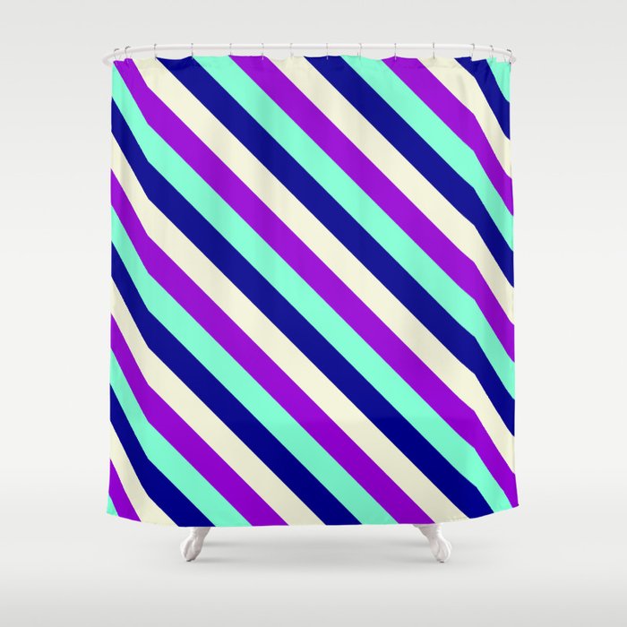 Dark Violet, Aquamarine, Dark Blue & Beige Colored Lines Pattern Shower Curtain
