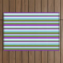 [ Thumbnail: Sky Blue, Green, Dark Orchid, and Light Cyan Colored Striped Pattern Outdoor Rug ]