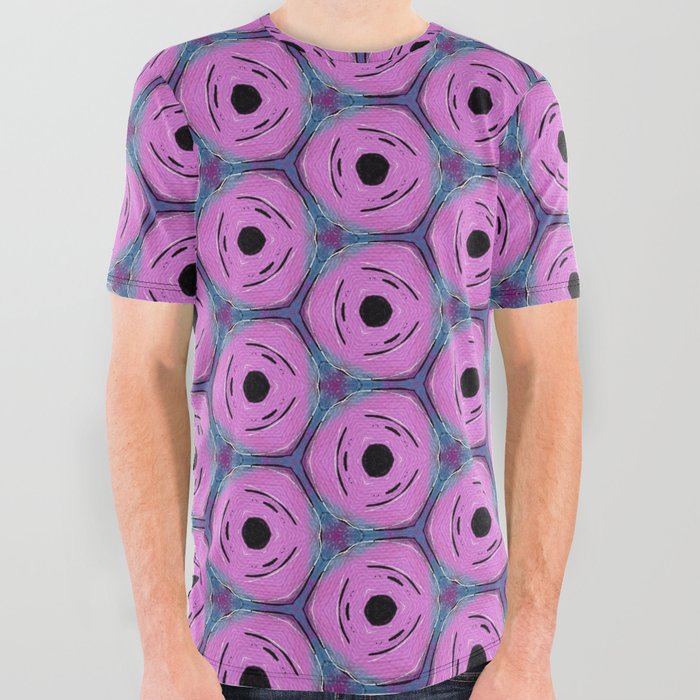 Modern, abstract, geometric pattern in orchid pink, hippie blue, purple, plum, black, white  All Over Graphic Tee