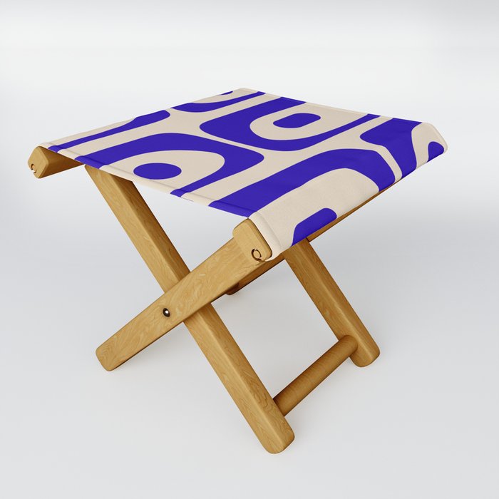 Mid Century Modern Piquet Abstract Pattern in Cobalt Blue and Beige Folding Stool