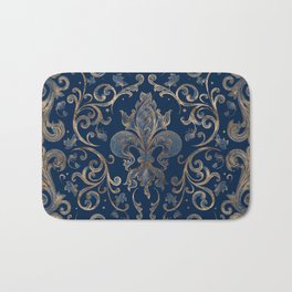 Fleur-de-lis ornament Blue Marble and Gold Bath Mat