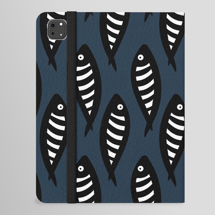 Abstract black and white fish pattern Dark blue iPad Folio Case