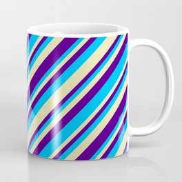 [ Thumbnail: Pale Goldenrod, Indigo & Deep Sky Blue Colored Stripes/Lines Pattern Coffee Mug ]