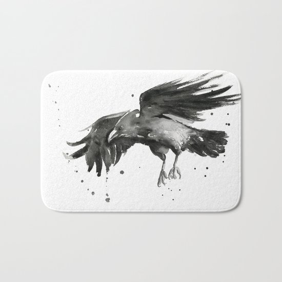 Raven Watercolor Bird Painting Black Animals Bath Mat