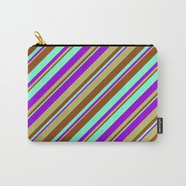 [ Thumbnail: Aquamarine, Dark Violet, Dark Khaki, and Brown Colored Stripes/Lines Pattern Carry-All Pouch ]