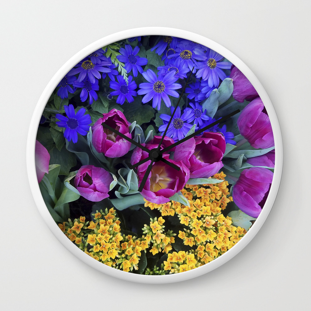 floral spectacular: blue, plum and gold - olbrich botanical gardens spring  flower show, madison, wi wall clock