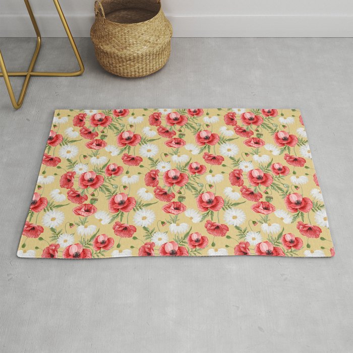 Daisy and Poppy Seamless Pattern on Beige Background Rug