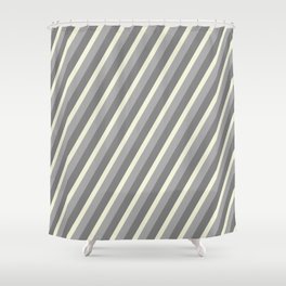 [ Thumbnail: Gray, Beige & Dark Grey Colored Lined/Striped Pattern Shower Curtain ]
