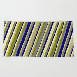 [ Thumbnail: Colorful Pale Goldenrod, Dark Khaki, Green, Grey & Blue Colored Lines/Stripes Pattern Beach Towel ]