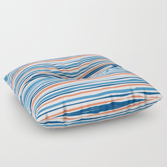 Modern Abstract Ocean Wave Stripes in Classic Blues and Orange Floor Pillow