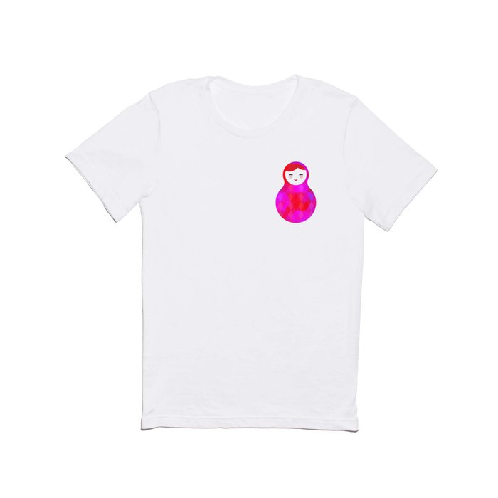 Russian doll matryoshka screw up one's eyes with bright rhombus on white background, pink colors T Shirt