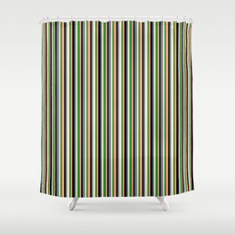 [ Thumbnail: Colorful Slate Gray, Beige, Forest Green, Light Salmon & Black Colored Striped Pattern Shower Curtain ]