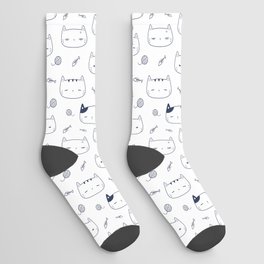 Navy Blue Doodle Kitten Faces Pattern Socks