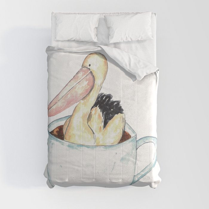 Pelican in tea cup watercolor painting print Comforter