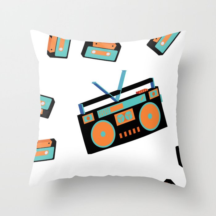 Texture seamless pattern from old vintage retro hipstersih stylish isometric music audio tape recorder. Listen to audio cassettes from the 70's, 80's, 90's. The background. Vintage illustration.  Throw Pillow