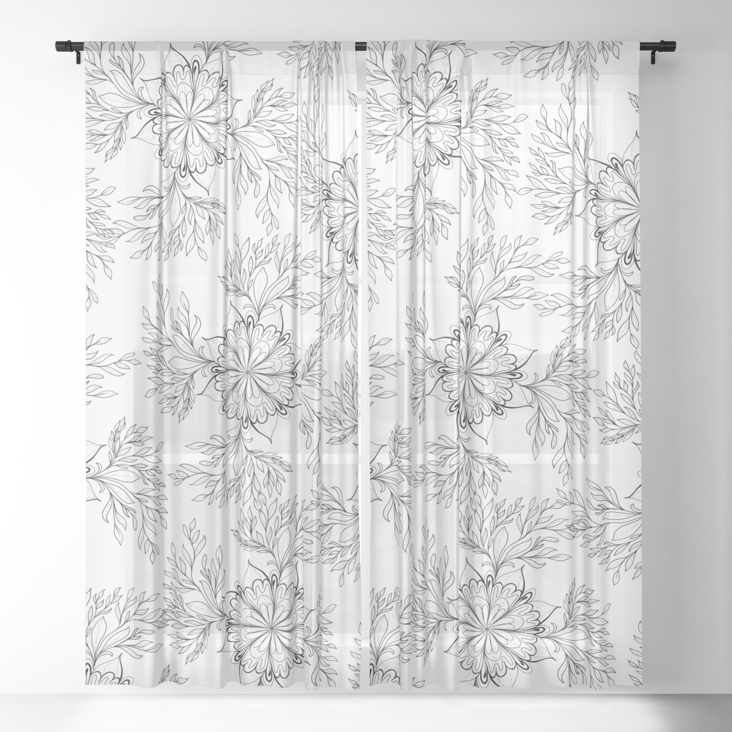 Hand Painted Black White Abstract Floral Mandala Sheer Curtain By Eclectic Art Society6