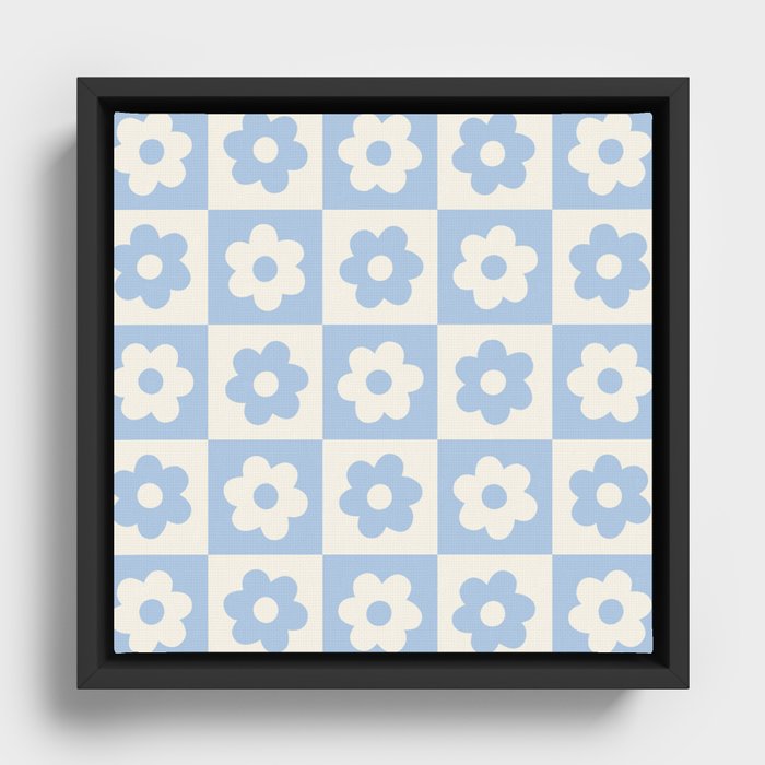 Flower Checker Baby Blue Framed Canvas