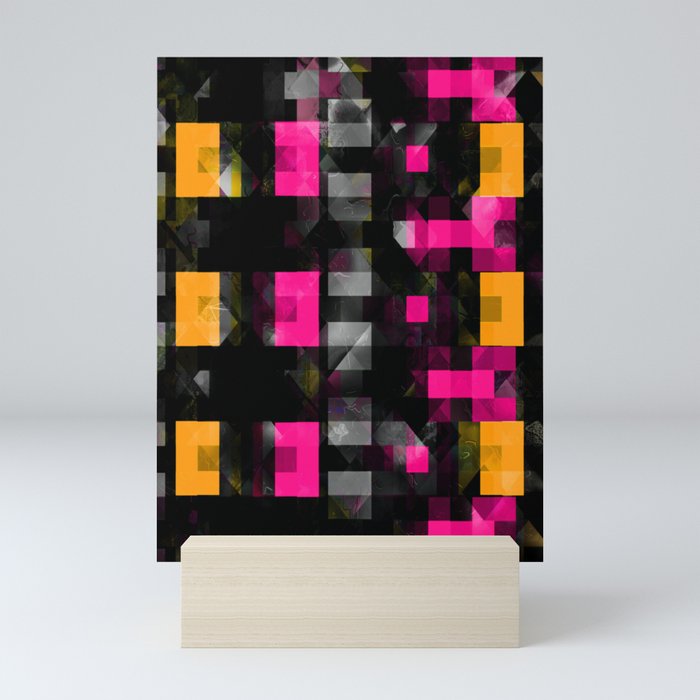 geometric symmetry art  pixel square pattern abstract background in pink orange black Mini Art Print