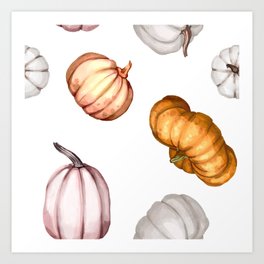 Watercolor Pumpkin Seamless Pattern. Orange, Rose and White Pumpkins Art Print
