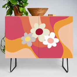 Retro style flowers and waves Credenza