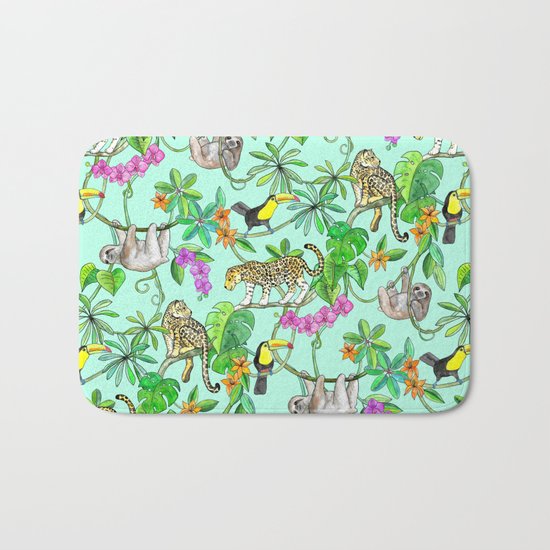 Rainforest Friends - watercolor animals on mint green Bath Mat