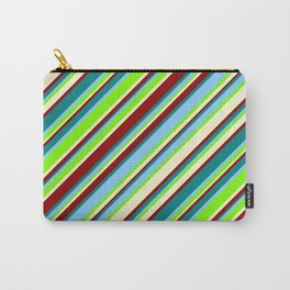 [ Thumbnail: Light Sky Blue, Green, Light Yellow, Dark Red, and Teal Colored Lined/Striped Pattern Carry-All Pouch ]