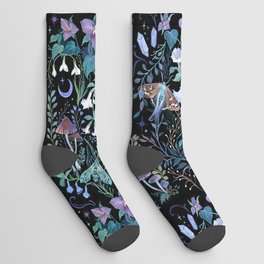 Night Garden Socks | Magic, Moth, Botanical, Illustration, Stars, Floral, Lily, Moon, Dark, Mushroom 