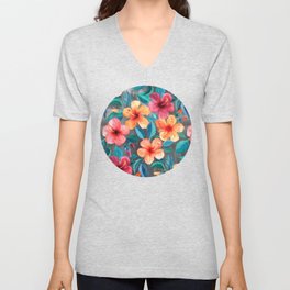Colorful Watercolor Hibiscus on Dark Charcoal V Neck T Shirt