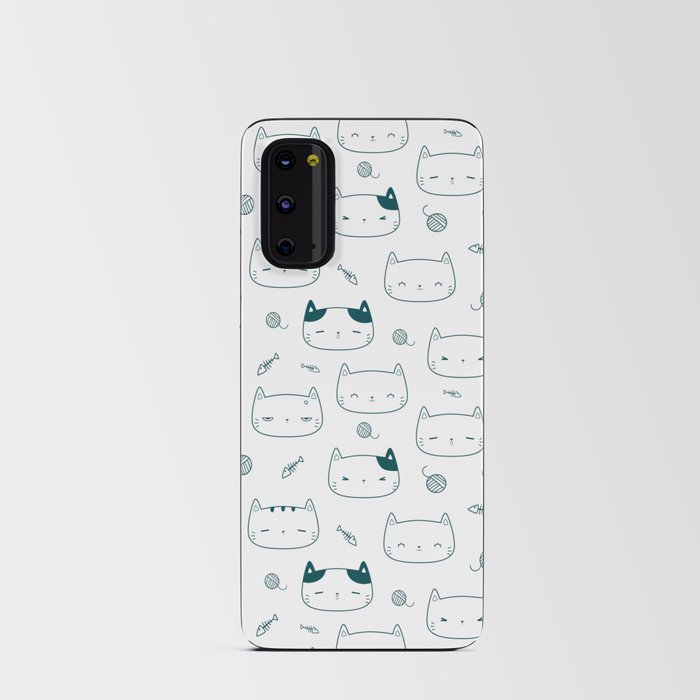 Teal Blue Doodle Kitten Faces Pattern Android Card Case