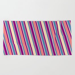 [ Thumbnail: Blue, Tan, Purple & Light Coral Colored Pattern of Stripes Beach Towel ]