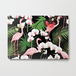 Seamless pattern, background with tropical plants, flowers and birds. Colored illustration. Isolated on black background.  Metal Print