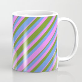 [ Thumbnail: Green, Cornflower Blue & Violet Colored Striped Pattern Coffee Mug ]