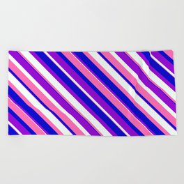 [ Thumbnail: Dark Violet, Mint Cream, Hot Pink, and Blue Colored Stripes/Lines Pattern Beach Towel ]