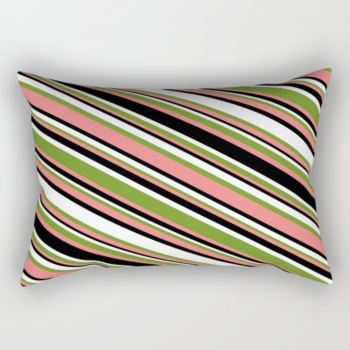 Green, Light Coral, Black & White Colored Lined/Striped Pattern Rectangular Pillow