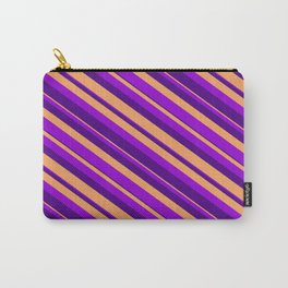 [ Thumbnail: Dark Violet, Indigo & Brown Colored Striped Pattern Carry-All Pouch ]